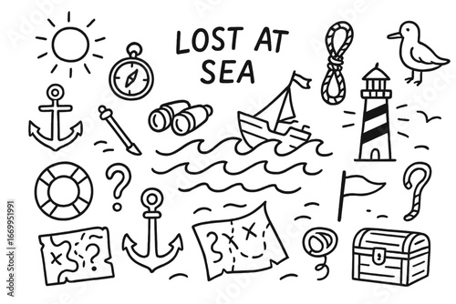 Navigating With Nautical Icons. Hand-drawn doodle illustration lost at sea waves, compass, ship, anchor, lifebuoy, question mark,