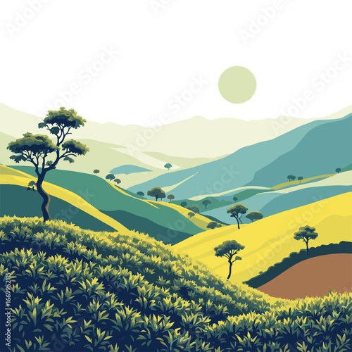 Rolling hills and farmland landscape view