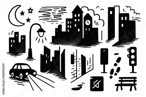 Nighttime Urban Doodles. Hand-drawn doodle illustration darkness in city skyscrapers, night sky, streetlamp, car headlights,
