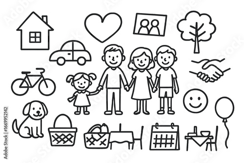 Nuclear Family Doodles. Hand-drawn doodle illustration nuclear family parents, two children, house, heart, family tree, car,