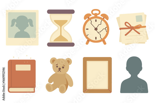 Nostalgic Childhood Icons. Flat vector mini-illustrations loss in time and memories in colors children's illustrations: fading