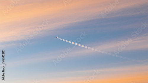 airplane in the sky at sunset