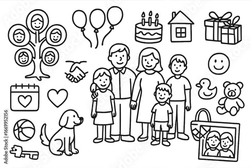 Nuclear Family Celebration Icons. Hand-drawn doodle illustration nuclear family celebrations family tree, parents, children, house