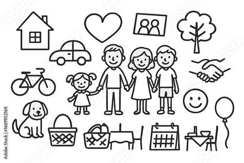 Nuclear Family Doodles. Hand-drawn doodle illustration nuclear family parents, two children, house, heart, family tree, car,