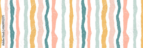 Vector seamless pattern with stripes in soft hand painted style. Horizontal brush lines in blue, yellow and peach tones create a rustic decorative texture
