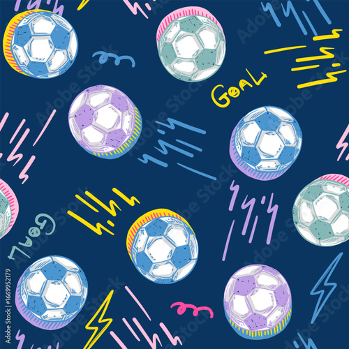 Abstract seamless pattern for boys. Football pattern. Grunge urban pattern with football ball. Sport wallpaper on black background with white and blue and green. Repeated sport pattern.