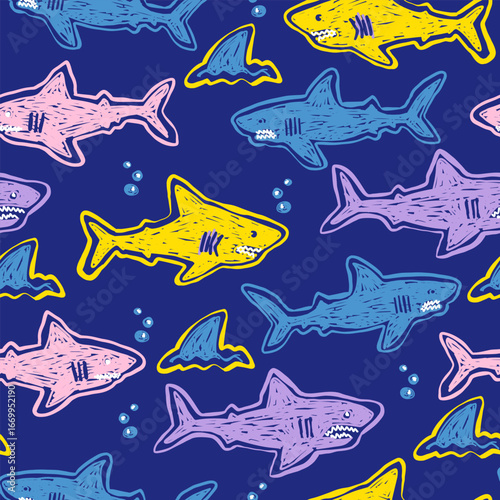 Abstract seamless pattern with sharks. Grunge colored background for textiles. fabric, web, wrapping paper, bed linen. clothes.