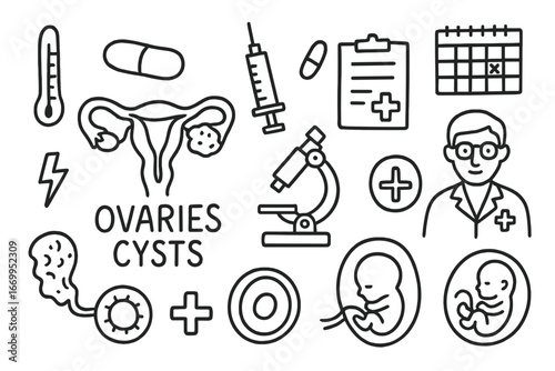 Ovary Health Illustrations. Hand-drawn doodle illustration ovaries cysts ovaries, cyst, syringe, pill, thermometer, clipboard,