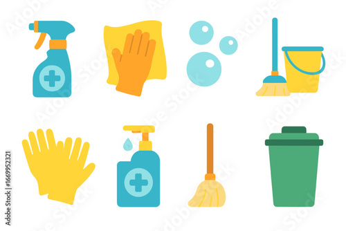 Pandemic Cleaning Icons. Flat vector mini-illustrations pandemic cleaning and disinfection in colors children's illustrations: