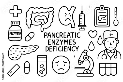 Pancreatic Health Icons. Hand-drawn doodle illustration pancreatic enzymes deficiency pancreas, enzyme bottle, pill, syringe,
