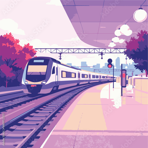 Train arriving at rural railway station