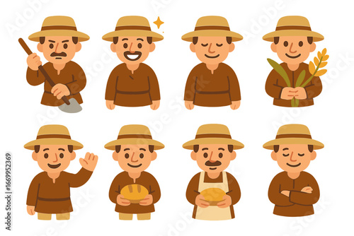 Peasant Emotions Icons. Flat vector mini-illustrations peasant emotions in colors children's illustrations: hardworking, joyful,
