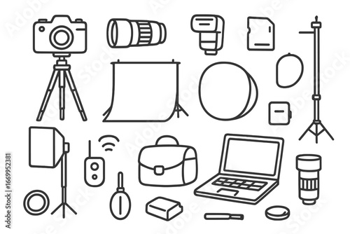 Photography Gear Icons. Hand-drawn doodle illustration photography setup camera, tripod, lens, flash, memory card, battery, light