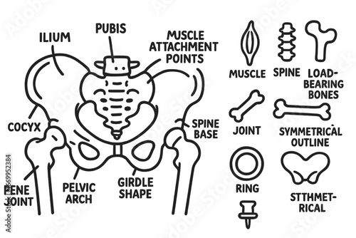 Pelvic Girdle Illustration. Hand-drawn doodle illustration pelvic girdle ilium, pubis, ischium, sacrum, coccyx, femur joint, spine