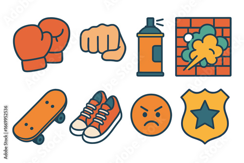 Playful Street Icons. Flat vector mini-illustrations street fight in colors children's illustrations: boxing gloves, punching fist