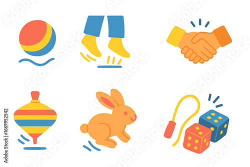 Playful Vibrations Icons. Flat vector mini-illustrations playful vibrations in colors children's illustrations: bouncing ball,