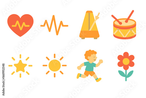 Playful Heartbeat Icons. Flat vector mini-illustrations heartbeat rhythm in colors children's illustrations: heart shape, pulse