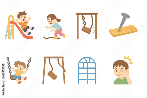 Playground Safety Icons. Flat vector mini-illustrations playground accidents in colors children's illustrations: child falling