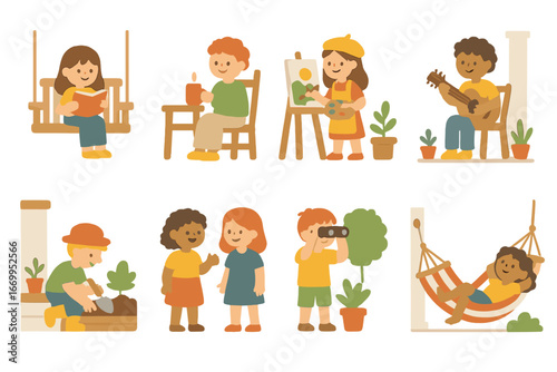 Porch Activities Icons. Flat vector mini-illustrations porch activities in colors children's illustrations: reading book, sipping
