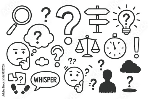 Questioning Doodle Icons. Hand-drawn doodle illustration questioning question mark, thinking face, thought bubble, magnifying