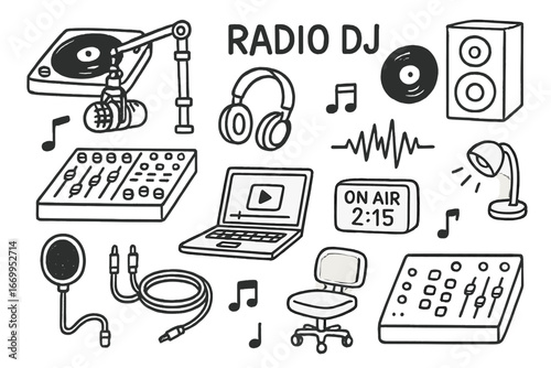 Radio DJ Setup Doodle. Hand-drawn doodle illustration Radio DJ setup turntable, microphone, headphones, mixing console, speaker,
