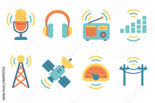 Radio Waves Icons. Flat vector mini-illustrations radio tower signals in colors children's illustrations: broadcast microphone,