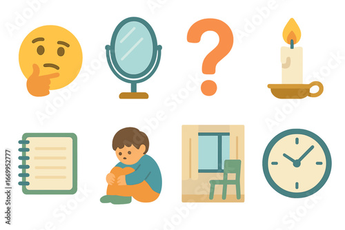 Reflective Children's Icons. Flat vector mini-illustrations regret and reflection in colors children's illustrations: thinking