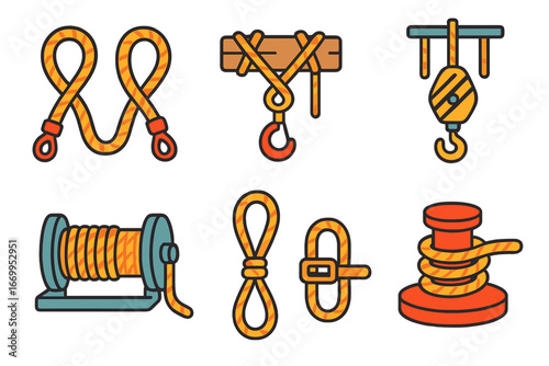 Rope Icons for Kids. Flat vector mini-illustrations rope in transportation and industry in colors children's illustrations: tow
