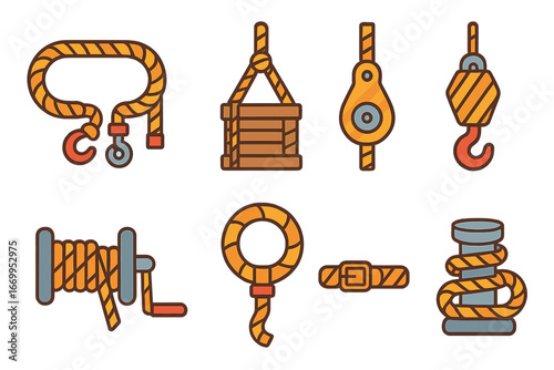 Rope Icons for Kids. Flat vector mini-illustrations rope in transportation and industry in colors children's illustrations: tow