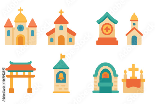 Sacred Architecture Icons. Flat vector mini-illustrations sacred architecture in colors children's illustrations: cathedral,
