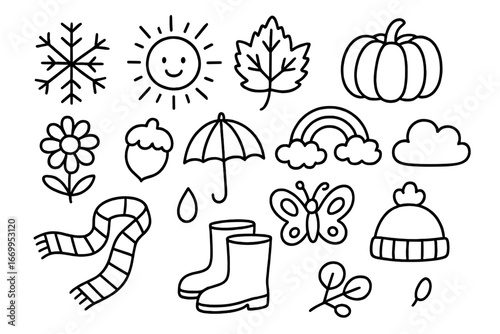 Seasonal Doodle Icons. Hand-drawn doodle illustration seasonal theme snowflake, sun, leaf, pumpkin, flower, umbrella, rainbow,