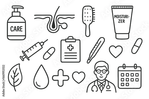 Sebaceous Care Doodle Icons. Hand-drawn doodle illustration sebaceous glands gland care cleanser bottle, sebaceous glands, skin,