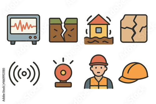 Seismic Safety Icons. Flat vector mini-illustrations seismic activity in colors children's illustrations: seismograph, fault line,