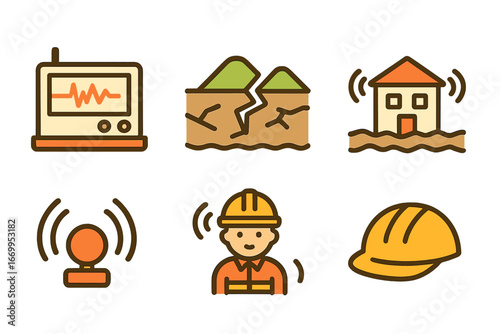 Seismic Safety Icons. Flat vector mini-illustrations seismic activity in colors children's illustrations: seismograph, fault line,