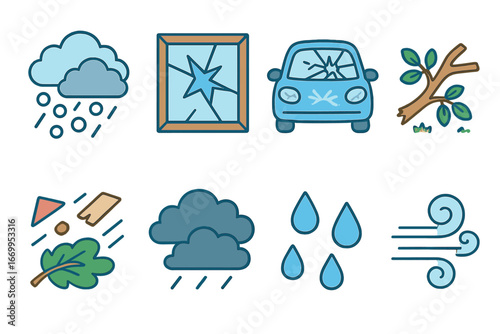 Shattered Weather Icons. Flat vector mini-illustrations shattered glass and weather in colors children's illustrations: hailstorm,
