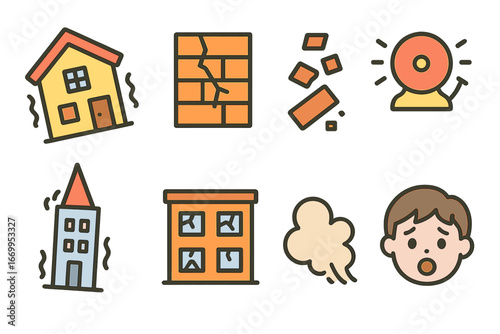 Shaky Building Icons. Flat vector mini-illustrations shaking buildings in colors children's illustrations: tilted house, cracked