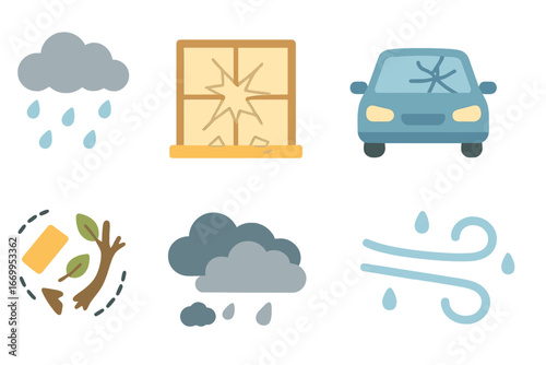 Shattered Weather Icons. Flat vector mini-illustrations shattered glass and weather in colors children's illustrations: hailstorm,