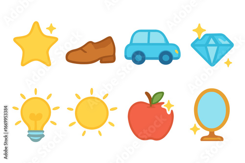 Shiny Icons Collection. Flat vector mini-illustrations shine in colors children's illustrations: sparkling star, polished shoe,