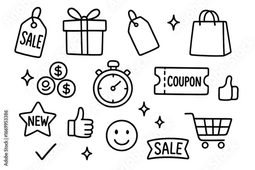 Shopping Sale Icons. Hand-drawn doodle illustration tempting discount sale tag, gift box, price tag, money stack, coins, stopwatch