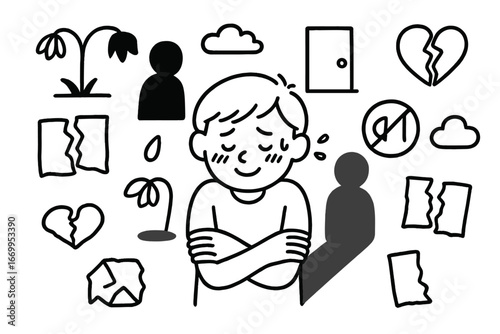 Shy Doodle Icons. Hand-drawn doodle illustration self-consciousness shy smile, blushing cheeks, downcast eyes, crossed arms, sweat