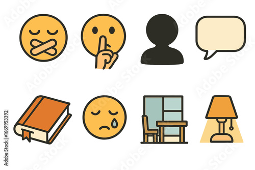 Silent Emotions Icons. Flat vector mini-illustrations guilt and silence in colors children's illustrations: closed mouth, finger