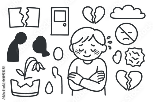 Shy Doodle Icons. Hand-drawn doodle illustration self-consciousness shy smile, blushing cheeks, downcast eyes, crossed arms, sweat