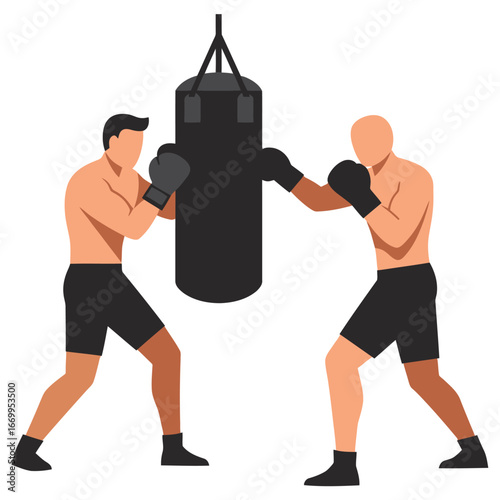 Two boxers sparring with heavy punching bag illustration