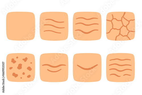 Skin Texture Icons. Flat vector mini-illustrations skin wrinkles textures in colors children's illustrations: smooth skin, fine