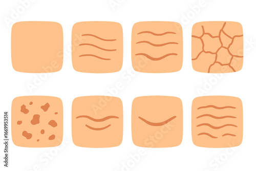 Skin Texture Icons. Flat vector mini-illustrations skin wrinkles textures in colors children's illustrations: smooth skin, fine