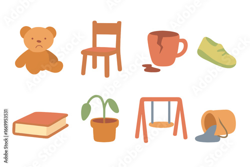 Sorrow in Everyday Objects. Flat vector mini-illustrations sorrow in everyday life in colors children's illustrations: lost toy,