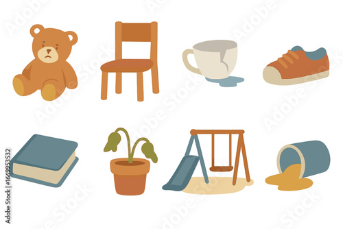 Sorrow in Everyday Objects. Flat vector mini-illustrations sorrow in everyday life in colors children's illustrations: lost toy,