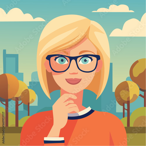 Portrait of a beautiful geek blond woman in glasses thinking