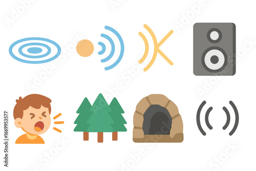 Sound Waves Illustrations. Flat vector mini-illustrations sound reflection in colors children's illustrations: ripples in water,