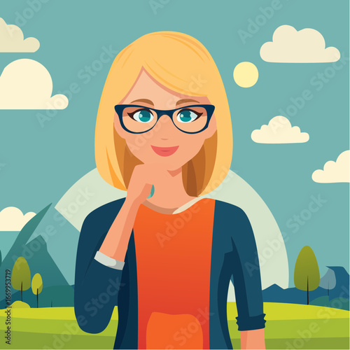 Portrait of a beautiful geek blond woman in glasses thinking